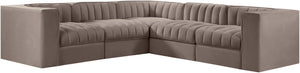 Meridian Furniture Rummi Five Piece Modular Sectional Taupe Velvet Channel Tufted Low Profile Sofa 660Taupe-Sec5B