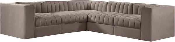 Meridian Furniture Rummi Five Piece Modular Sectional Taupe Velvet Channel Tufted Low Profile Sofa 660Taupe-Sec5B