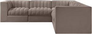 Meridian Furniture Rummi Five Piece Modular Sectional Taupe Velvet Channel Tufted Low Profile Sofa 660Taupe-Sec5B