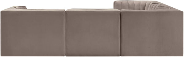 Meridian Furniture Rummi Five Piece Modular Sectional Taupe Velvet Channel Tufted Low Profile Sofa 660Taupe-Sec5B