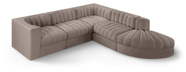 Meridian Furniture Rummi Five Piece Modular Sectional Taupe Velvet Channel Tufted Contemporary Sofa 660Taupe-Sec5C