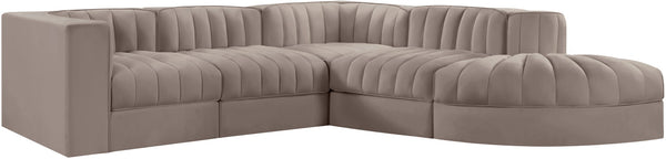Meridian Furniture Rummi Five Piece Modular Sectional Taupe Velvet Channel Tufted Contemporary Sofa 660Taupe-Sec5C