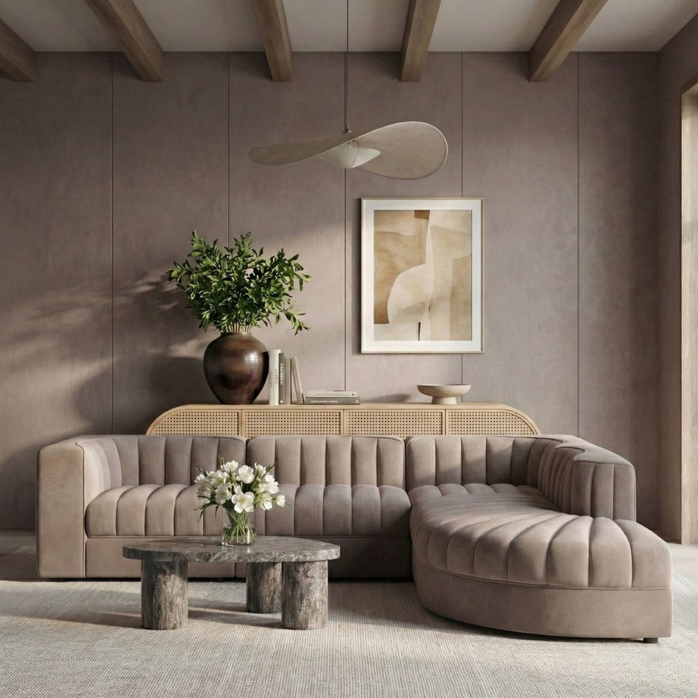 Meridian Furniture Rummi Five Piece Modular Sectional Taupe Velvet Channel Tufted Contemporary Sofa 660Taupe-Sec5C