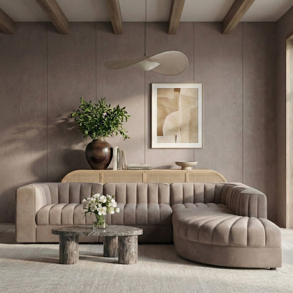 Meridian Furniture Rummi Five Piece Modular Sectional Taupe Velvet Channel Tufted Contemporary Sofa 660Taupe-Sec5C