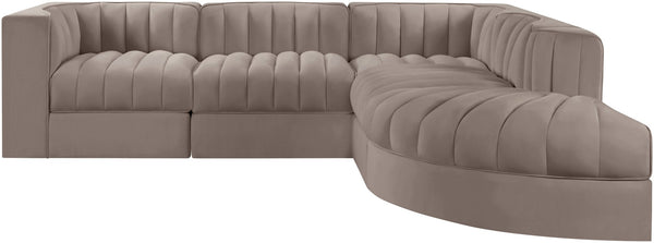 Meridian Furniture Rummi Five Piece Modular Sectional Taupe Velvet Channel Tufted Contemporary Sofa 660Taupe-Sec5C