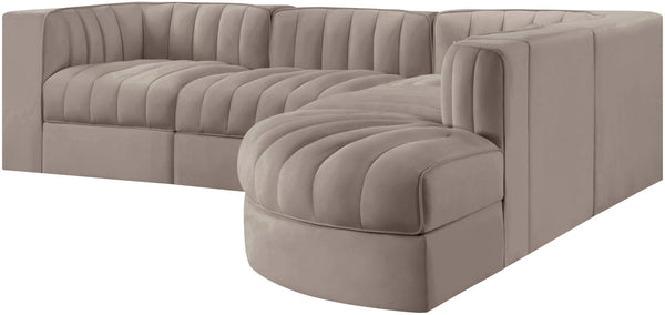 Meridian Furniture Rummi Five Piece Modular Sectional Taupe Velvet Channel Tufted Contemporary Sofa 660Taupe-Sec5C