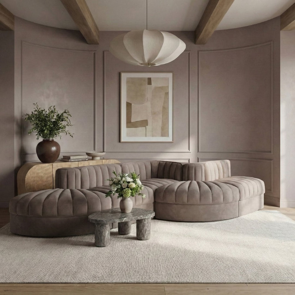 Meridian Furniture Rummi Five Piece Modular Sectional Plush Velvet Channel Tufted Living Room Sofa 660Taupe-Sec5D