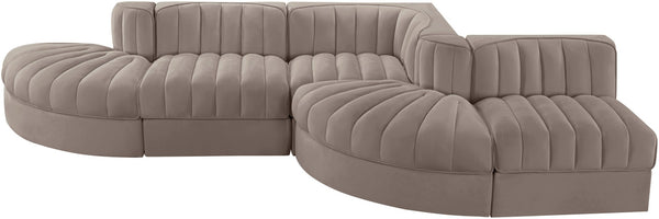 Meridian Furniture Rummi Five Piece Modular Sectional Plush Velvet Channel Tufted Living Room Sofa 660Taupe-Sec5D
