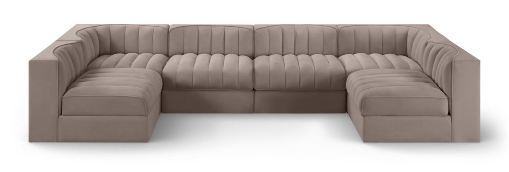 Meridian Furniture Rummi Six Piece Modular Sectional Stain Resistant Velvet Channel Tufted Low Profile 660Taupe-Sec6A