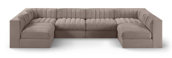 Meridian Furniture Rummi Six Piece Modular Sectional Stain Resistant Velvet Channel Tufted Low Profile 660Taupe-Sec6A