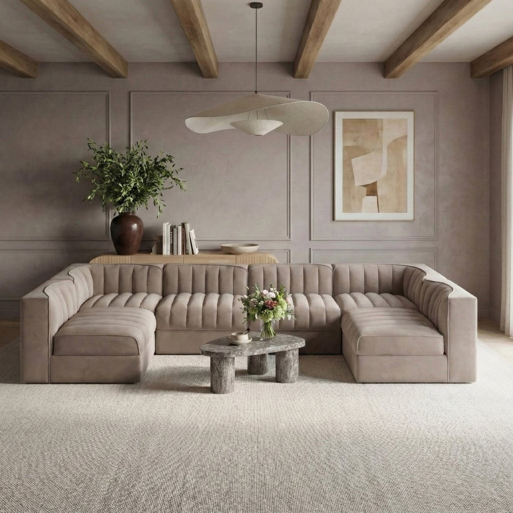 Meridian Furniture Rummi Six Piece Modular Sectional Stain Resistant Velvet Channel Tufted Low Profile 660Taupe-Sec6A