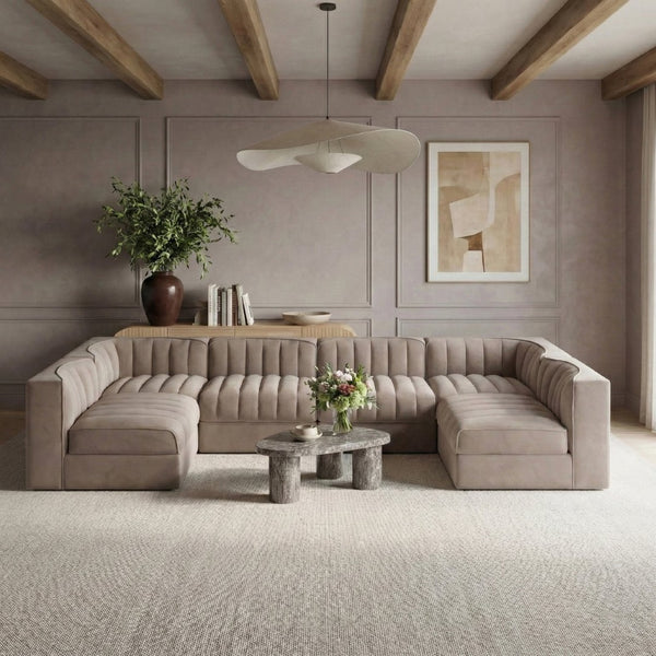 Meridian Furniture Rummi Six Piece Modular Sectional Stain Resistant Velvet Channel Tufted Low Profile 660Taupe-Sec6A