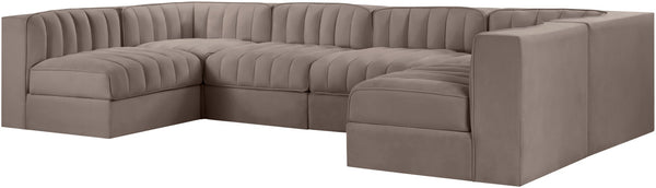 Meridian Furniture Rummi Six Piece Modular Sectional Stain Resistant Velvet Channel Tufted Low Profile 660Taupe-Sec6A