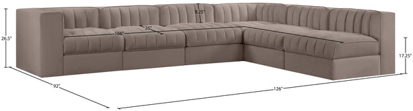 Meridian Furniture Rummi Six Piece Modular Sectional Velvet Performance Fabric Channel Tufted Sofa 660Taupe-Sec6B