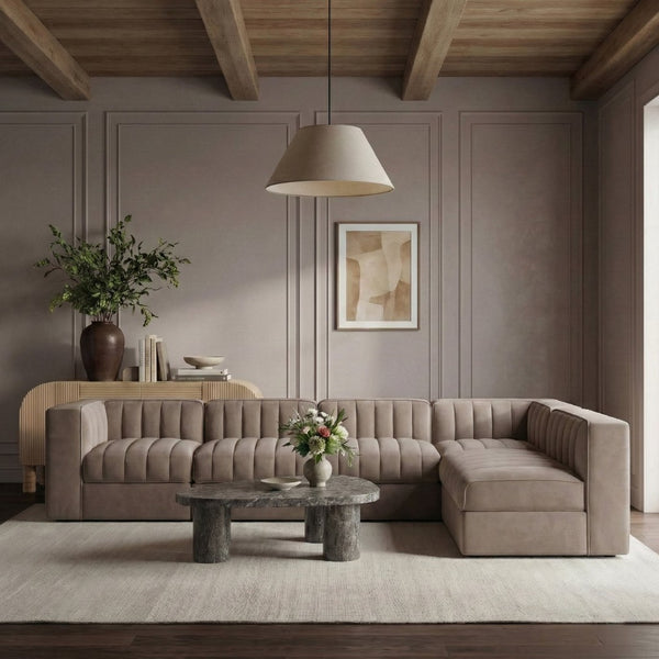 Meridian Furniture Rummi Six Piece Modular Sectional Velvet Performance Fabric Channel Tufted Sofa 660Taupe-Sec6B