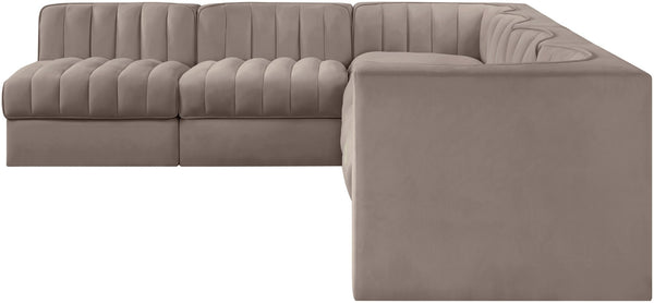 Meridian Furniture Rummi Six Piece Modular Sectional Velvet Performance Fabric Channel Tufted Sofa 660Taupe-Sec6B