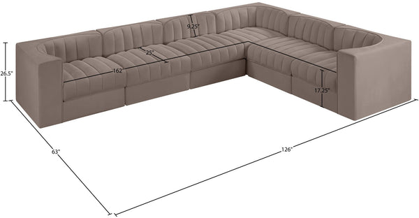 Meridian Furniture Rummi Six Piece Modular Sectional Taupe Velvet Channel Tufted Low Profile Sofa 660Taupe-Sec6D