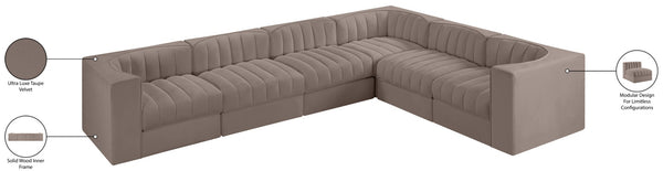 Meridian Furniture Rummi Six Piece Modular Sectional Taupe Velvet Channel Tufted Low Profile Sofa 660Taupe-Sec6D