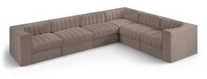 Meridian Furniture Rummi Six Piece Modular Sectional Taupe Velvet Channel Tufted Low Profile Sofa 660Taupe-Sec6D