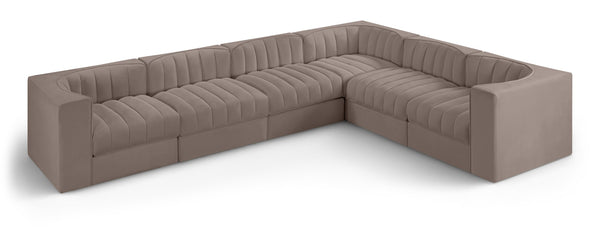 Meridian Furniture Rummi Six Piece Modular Sectional Taupe Velvet Channel Tufted Low Profile Sofa 660Taupe-Sec6D