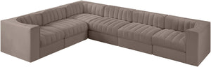 Meridian Furniture Rummi Six Piece Modular Sectional Taupe Velvet Channel Tufted Low Profile Sofa 660Taupe-Sec6D