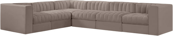 Meridian Furniture Rummi Six Piece Modular Sectional Taupe Velvet Channel Tufted Low Profile Sofa 660Taupe-Sec6D