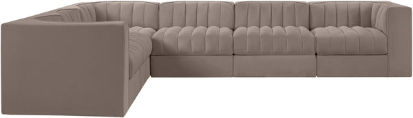 Meridian Furniture Rummi Six Piece Modular Sectional Taupe Velvet Channel Tufted Low Profile Sofa 660Taupe-Sec6D