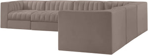 Meridian Furniture Rummi Six Piece Modular Sectional Taupe Velvet Channel Tufted Low Profile Sofa 660Taupe-Sec6D