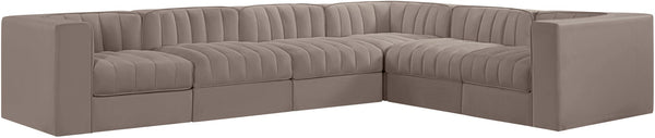 Meridian Furniture Rummi Six Piece Modular Sectional Taupe Velvet Channel Tufted Low Profile Sofa 660Taupe-Sec6D
