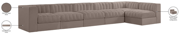 Meridian Furniture Rummi Six Piece Modular Sectional Velvet Performance Fabric Channel Tufted Lounge 660Taupe-Sec6E