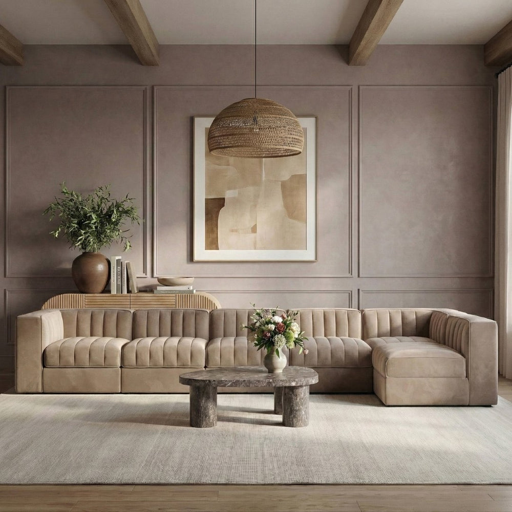 Meridian Furniture Rummi Six Piece Modular Sectional Velvet Performance Fabric Channel Tufted Lounge 660Taupe-Sec6E