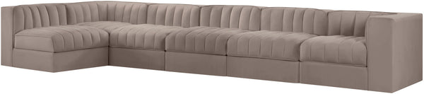 Meridian Furniture Rummi Six Piece Modular Sectional Velvet Performance Fabric Channel Tufted Lounge 660Taupe-Sec6E