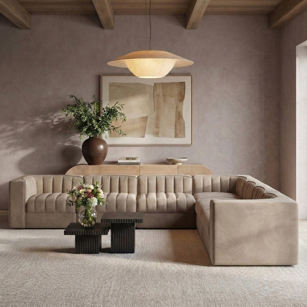 Meridian Furniture Rummi 7 Piece Modular Sectional Velvet Performance Fabric with Channel Tufting Detail 660Taupe-Sec7A