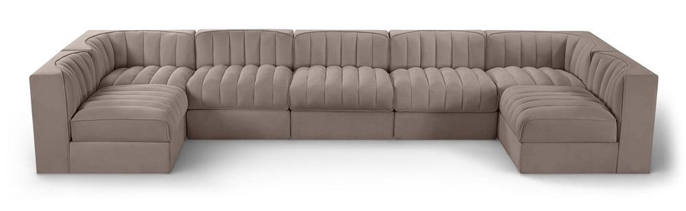 Meridian Furniture Rummi 7 Piece Modular Sectional Taupe Velvet Channel Tufted Contemporary Sofa Set 660Taupe-Sec7B