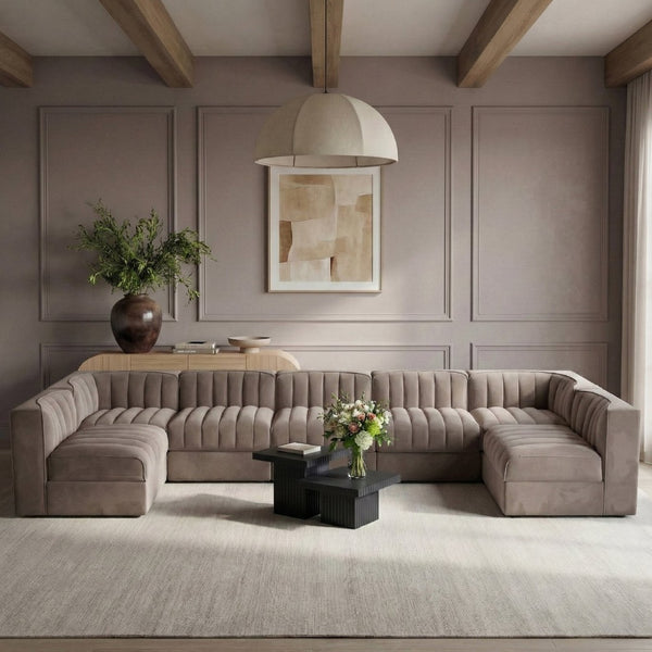 Meridian Furniture Rummi 7 Piece Modular Sectional Taupe Velvet Channel Tufted Contemporary Sofa Set 660Taupe-Sec7B