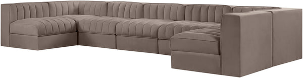 Meridian Furniture Rummi 7 Piece Modular Sectional Taupe Velvet Channel Tufted Contemporary Sofa Set 660Taupe-Sec7B