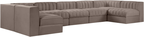 Meridian Furniture Rummi 7 Piece Modular Sectional Taupe Velvet Channel Tufted Contemporary Sofa Set 660Taupe-Sec7B