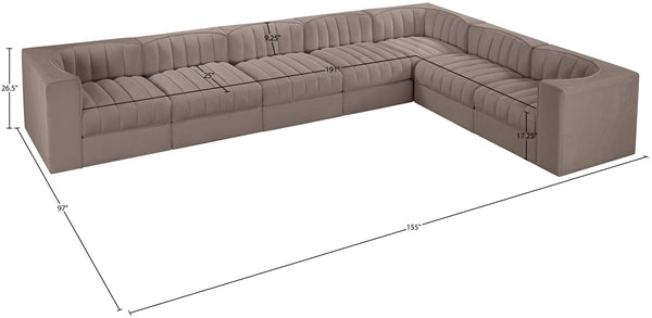 Meridian Furniture Rummi 7 Piece Modular Sectional Sofa Channel Tufted Velvet Performance Fabric Lounge 660Taupe-Sec7C