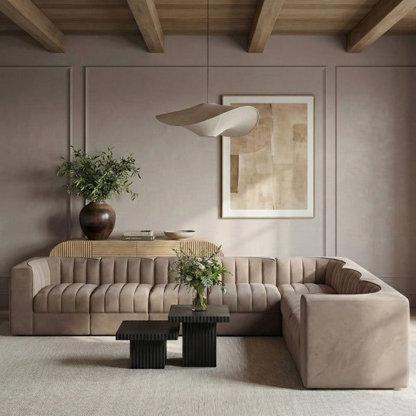 Meridian Furniture Rummi 7 Piece Modular Sectional Sofa Channel Tufted Velvet Performance Fabric Lounge 660Taupe-Sec7C
