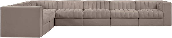 Meridian Furniture Rummi 7 Piece Modular Sectional Sofa Channel Tufted Velvet Performance Fabric Lounge 660Taupe-Sec7C