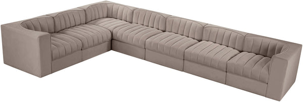 Meridian Furniture Rummi 7 Piece Modular Sectional Sofa Channel Tufted Velvet Performance Fabric Lounge 660Taupe-Sec7C