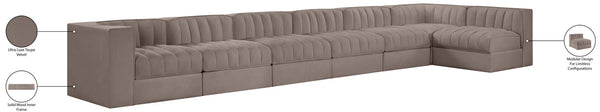 Meridian Furniture Rummi Seven Piece Modular Sectional Taupe Velvet Channel Tufted Living Room Sofa 660Taupe-Sec7D