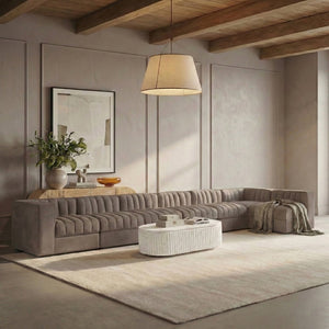 Meridian Furniture Rummi Seven Piece Modular Sectional Taupe Velvet Channel Tufted Living Room Sofa 660Taupe-Sec7D