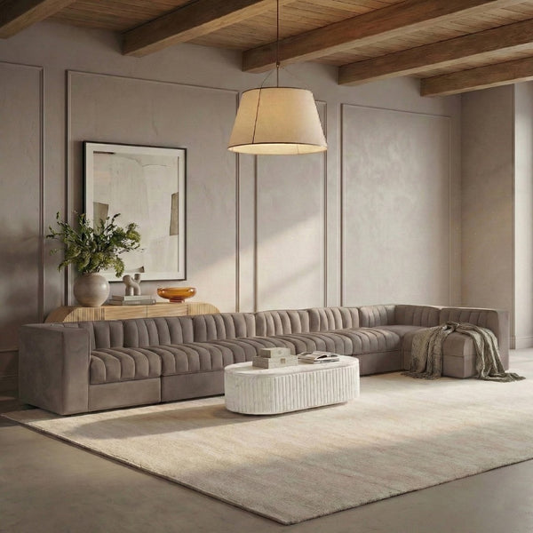 Meridian Furniture Rummi Seven Piece Modular Sectional Taupe Velvet Channel Tufted Living Room Sofa 660Taupe-Sec7D