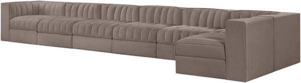 Meridian Furniture Rummi Seven Piece Modular Sectional Taupe Velvet Channel Tufted Living Room Sofa 660Taupe-Sec7D
