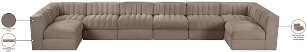 Meridian Furniture Rummi Eight Piece Modular Sectional with Channel Tufting in Taupe Performance Velvet 660Taupe-Sec8A