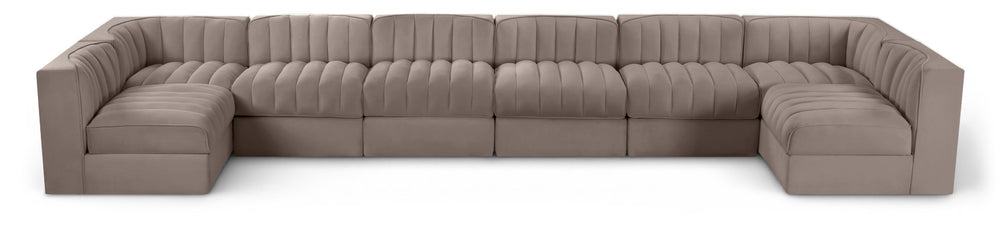 Meridian Furniture Rummi Eight Piece Modular Sectional with Channel Tufting in Taupe Performance Velvet 660Taupe-Sec8A