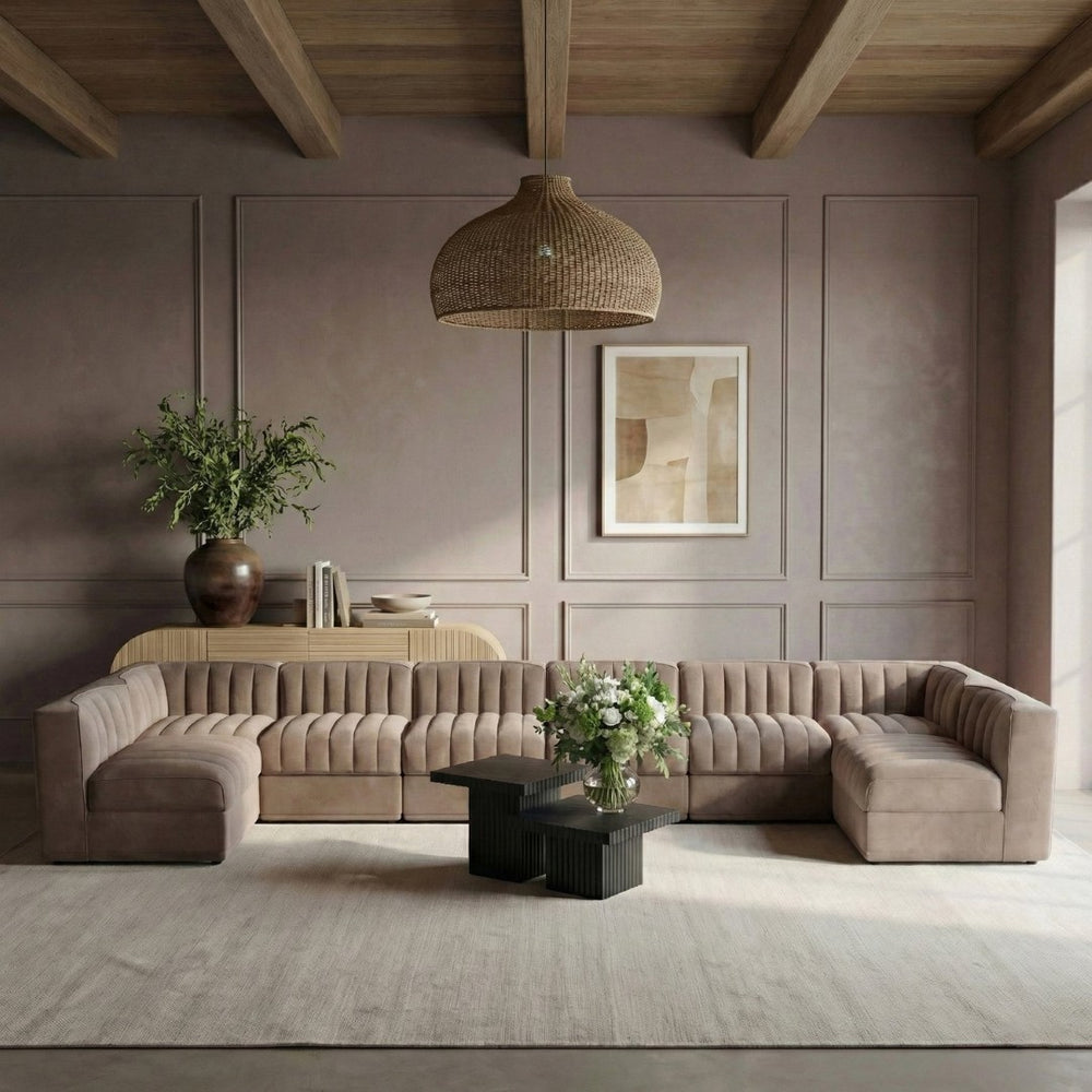 Meridian Furniture Rummi Eight Piece Modular Sectional with Channel Tufting in Taupe Performance Velvet 660Taupe-Sec8A