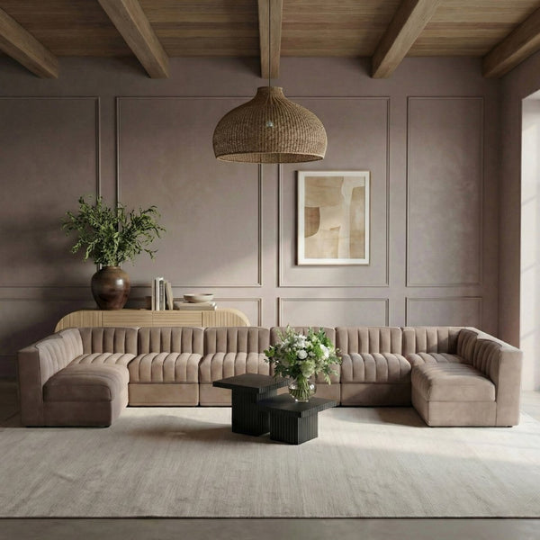 Meridian Furniture Rummi Eight Piece Modular Sectional with Channel Tufting in Taupe Performance Velvet 660Taupe-Sec8A