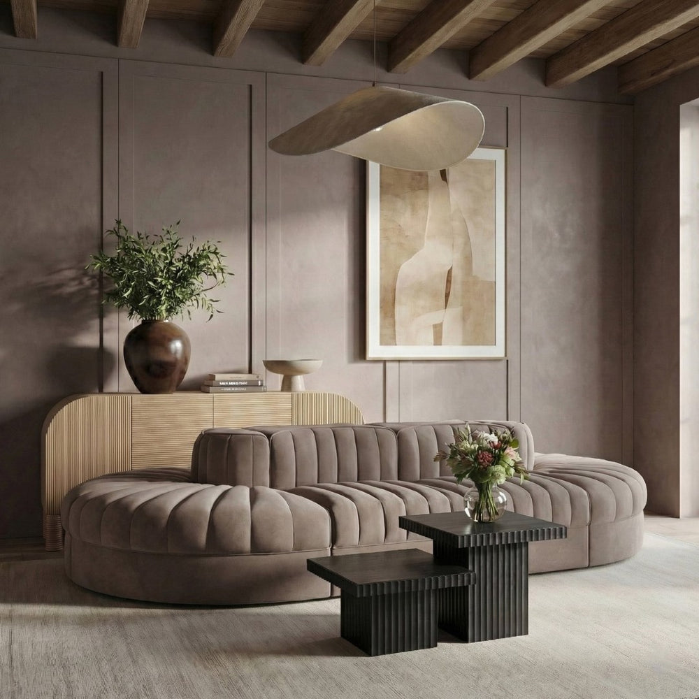 Meridian Furniture Rummi 8 Piece Modular Sectional Channel Tufted Velvet Low Profile Living Room Sofa 660Taupe-Sec8B